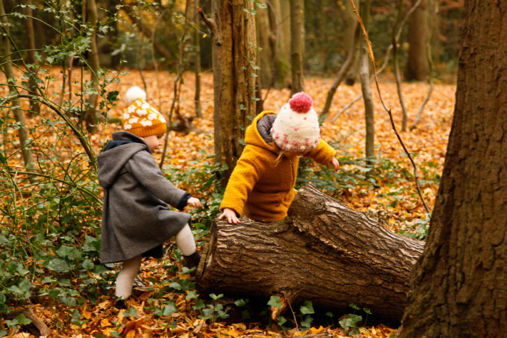 girls climbing in the woods